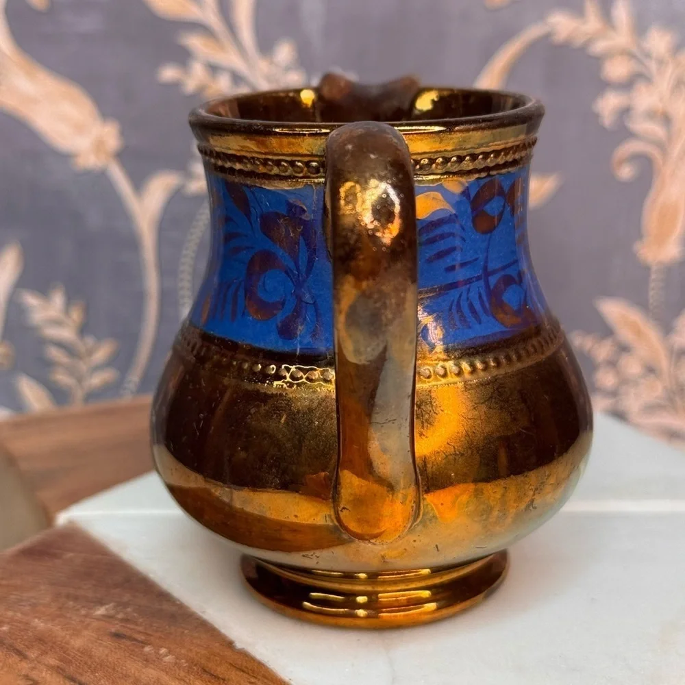 Antique 19th Century English Copper Luster Blue Floral Band Creamer Lot B